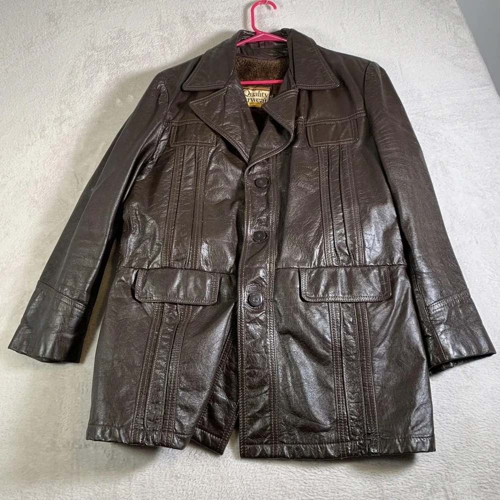 Vintage Montgomery Ward Jacket Mens 42‎ Brown Leather Car Coat Sherpa 70s 80s